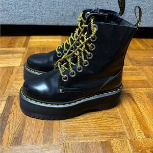 Dr. Martens Black Leather Platform Boots with Yellow Laces